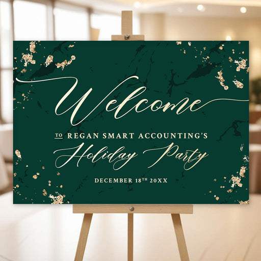 Corporate holiday party welcome sign with emerald green marble and gold design, elegant party decor or backdrop sign.
