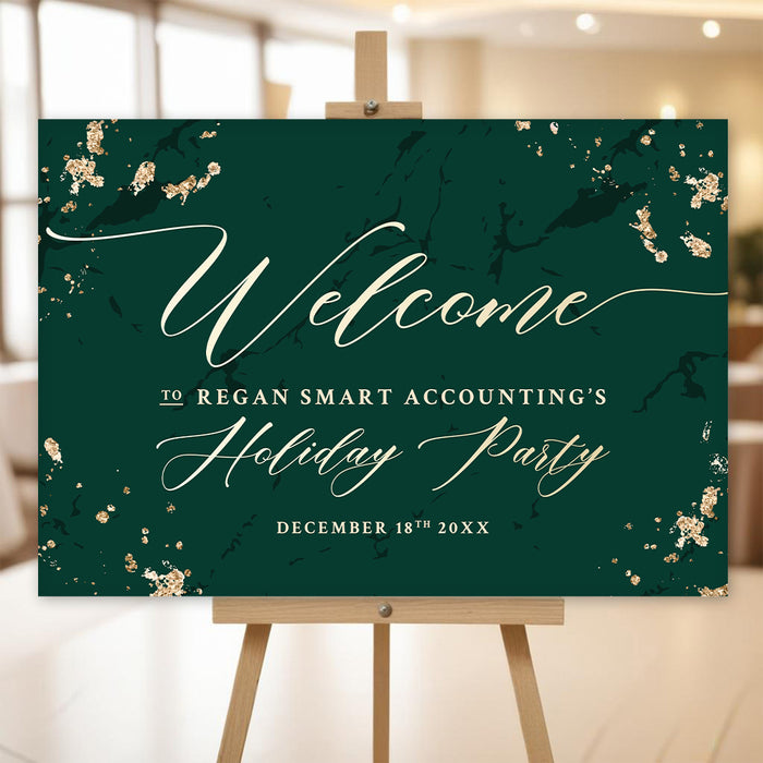 Corporate holiday party welcome sign with emerald green marble and gold design, elegant party decor or backdrop sign.