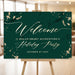Corporate holiday party welcome sign with emerald green marble and gold design, elegant party decor or backdrop sign.