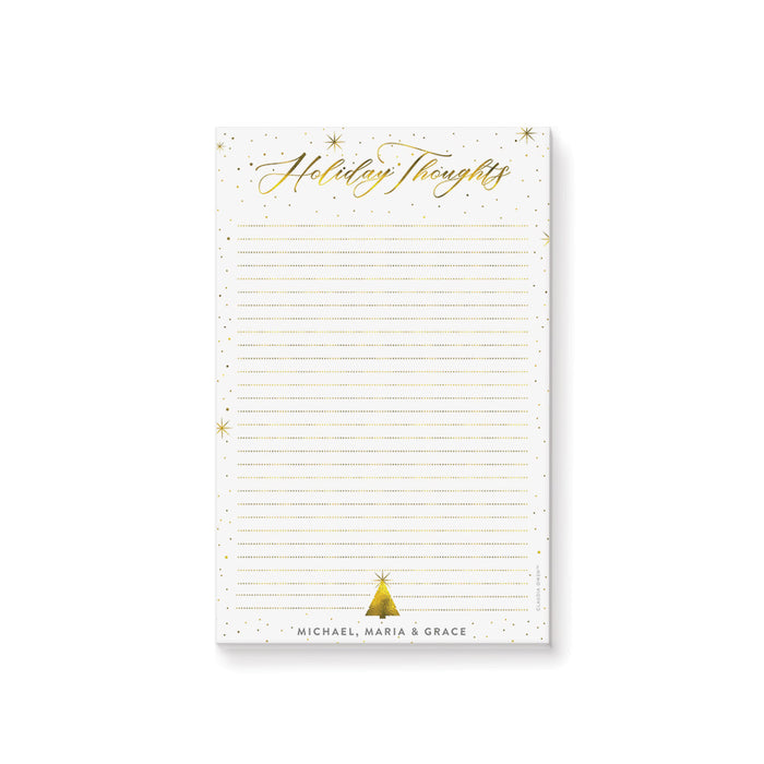 Personalized Christmas notepad with gold script heading, festive sparkle design, and lined writing space for holiday notes and stationery