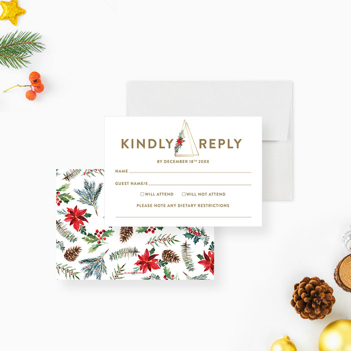 Unique Holiday Invitation Card with Poinsettia Flower Illustrations, Christmas Eve Dinner Party Invitations