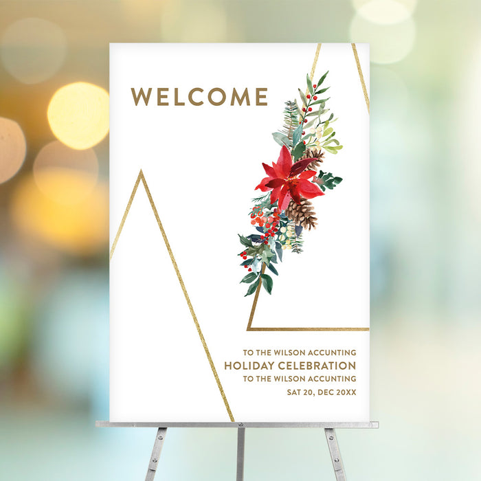 Elegant holiday welcome sign featuring poinsettia flowers, pinecones, berries, and a Christmas tree outline, ideal for seasonal party decor.