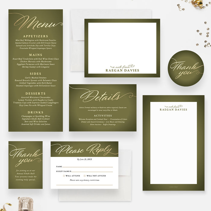 Military Khaki Ball Invitation Card, US Navy Annual Gala Invitations, Khaki Green Army Commissioning Invites