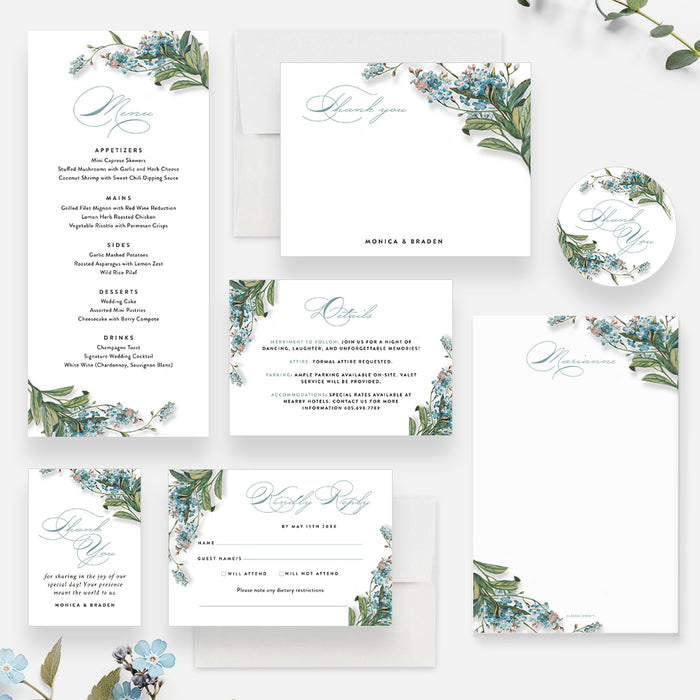 Floral Wedding Invitation Card, Spring Wedding Invites with Forget Me Nots Flower Illustrations, Wedding Shower Invitations with Blue Flowers