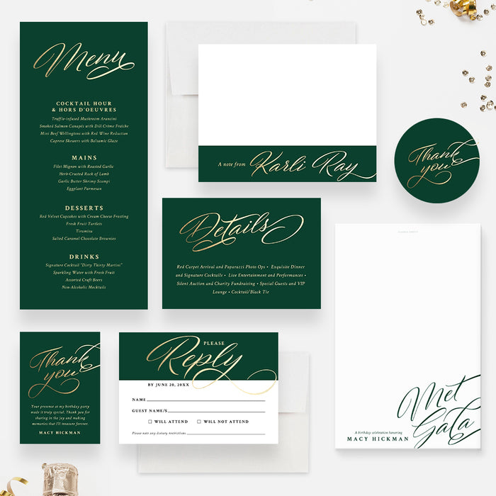Elegant Green and Gold Met Gala Invitation Card for Birthday Celebration, Adult Birthday Party Invites, Birthday Dinner Invitations, Formal Birthday Bash Invite Cards