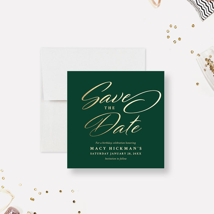 Green and Gold Save the Date Card for Gala Birthday Celebration, Formal Birthday Save the Dates, Elegant Save the Date for Adult Birthday Party