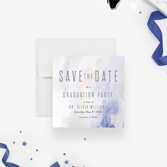 Elegant Graduation Save the Date Card with Blue Marble Design, Grad Party Save the Dates, Minimalist Save the Date for Graduation Celebration