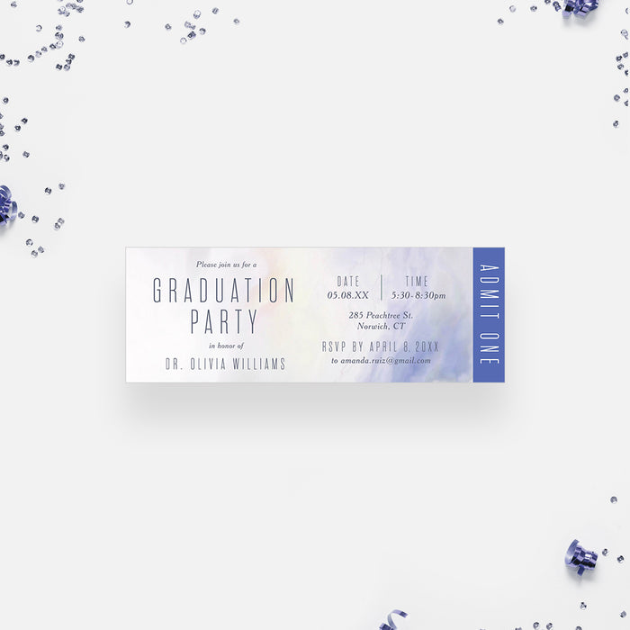 Elegant Graduation Ticket Invitation with Blue Marble Design, Minimalist Ticket for Graduation Party, Senior Grad Ticket Invites