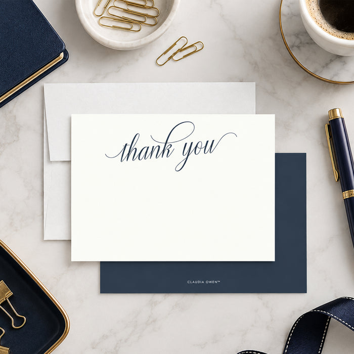 Elegant personalized thank-you card with navy script and matching envelope-front-back