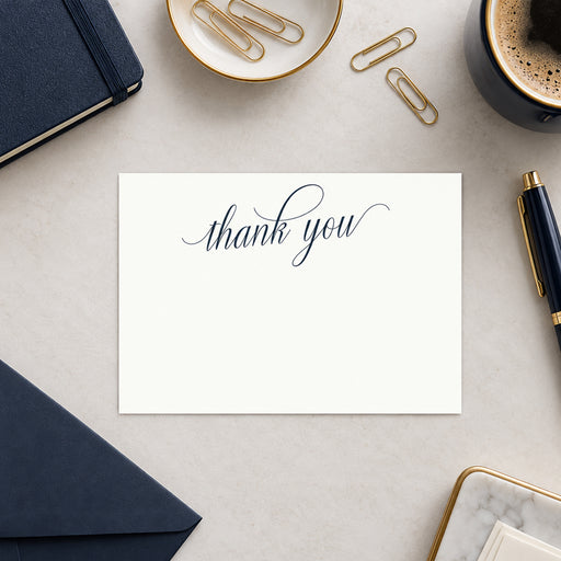 Elegant personalized thank-you card with navy script and matching envelope-front