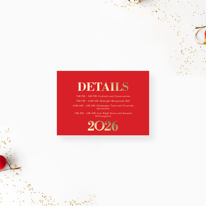 elegant 2026 new year party details card in red and gold design