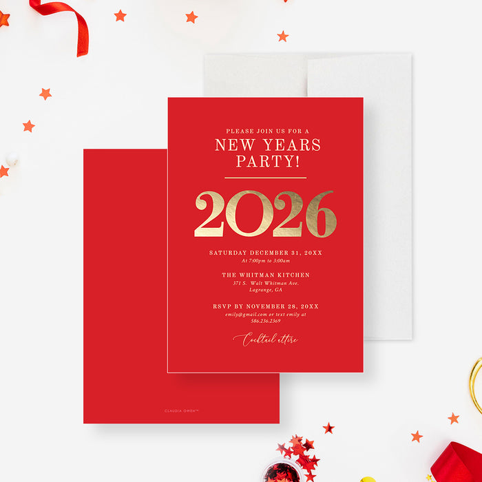 elegant 2026 new year party invitation in red and gold design