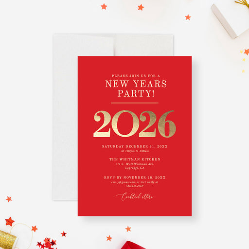 elegant 2026 new year party invitation in red and gold design