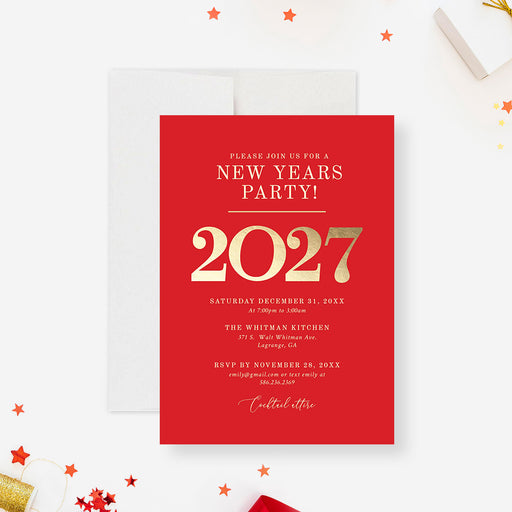 Red New Year's party invitation with gold text 