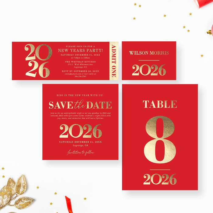 elegant 2026 new year party invitation set in red and gold design