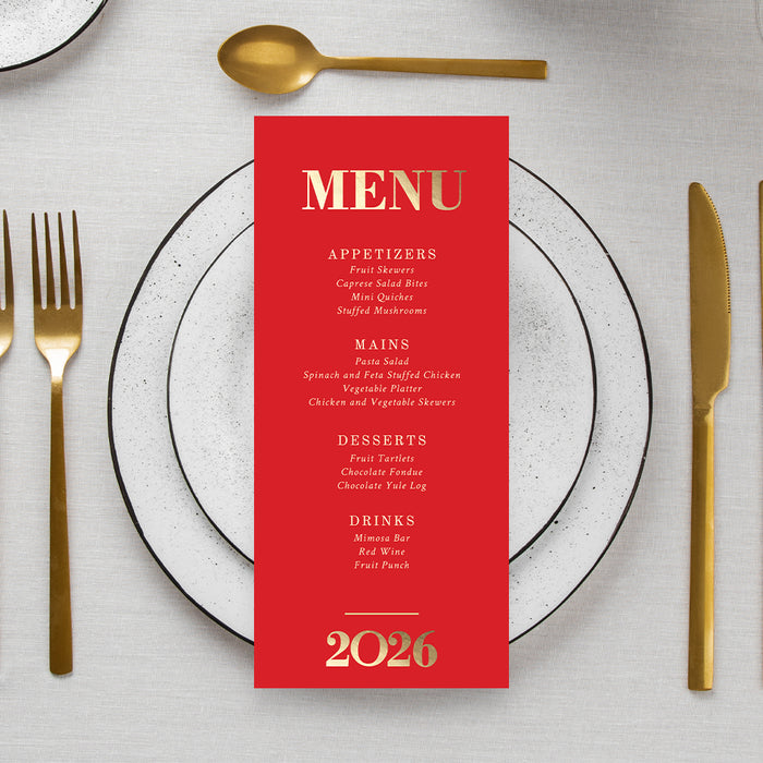 elegant 2026 new year party menu card in red and gold design