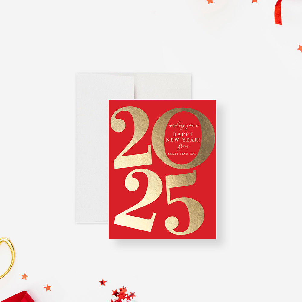 2025 Happy New Year Card in Red and Gold Holiday Cards, Business New Year Greeting Card