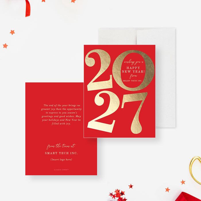 Red and gold New Year's card with '2027' 