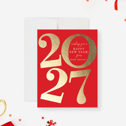 Red greeting card with gold '2027' text 