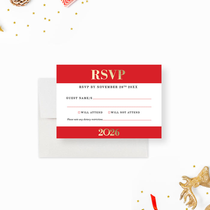 elegant 2026 new year party rsvp card in red and gold design
