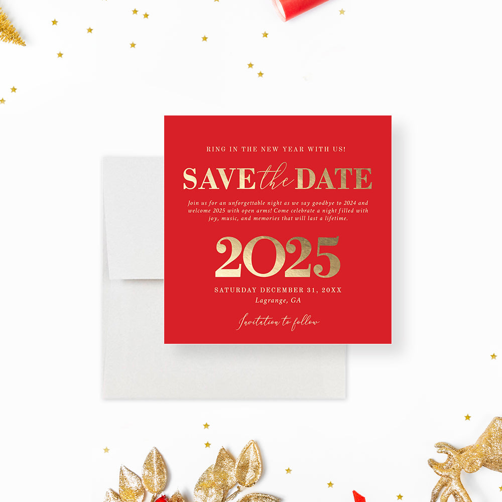 2025 New Years Party Save the Date Card in Red and Gold, Elegant Annual Holiday Party Save the Date Invites