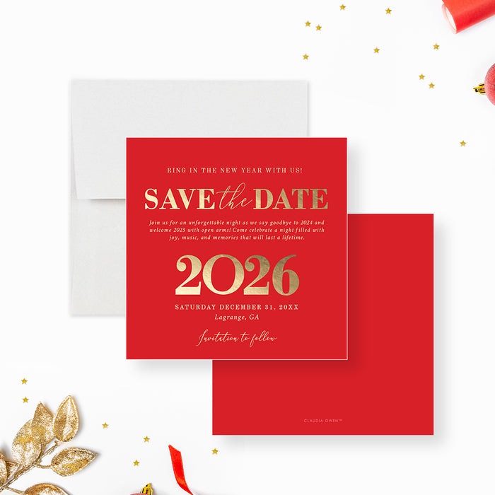 elegant 2026 new year save the date card in red and gold design