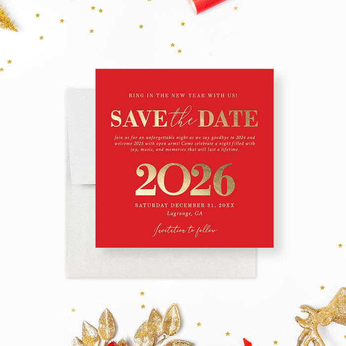elegant 2026 new year save the date card in red and gold design