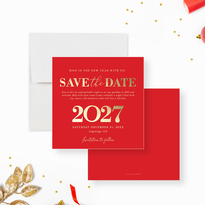 Red 'Save the Date' card for 2027 New Year's Eve with white envelope