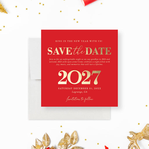 Red 'Save the Date' card for New Year's Eve 2027 with gold text