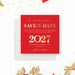 Red 'Save the Date' card for New Year's Eve 2027 with gold text