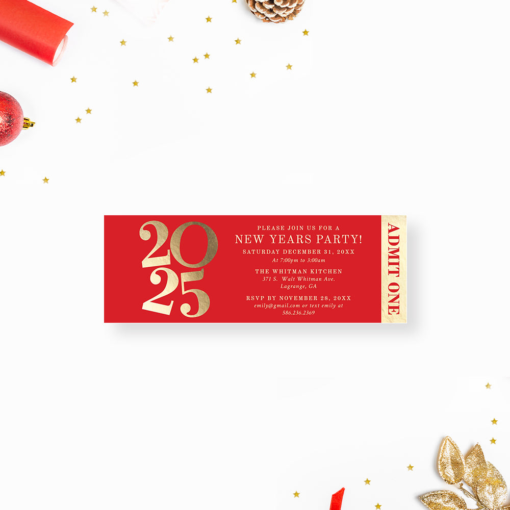 2025 New Years Party Ticket Invitation in Red and Gold, Elegant Holiday Event Ticket Pass, Corporate Business Christmas Party Admission Ticket
