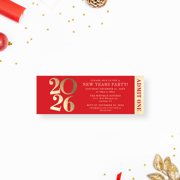 elegant 2026 new year party ticket invitation in red and gold design
