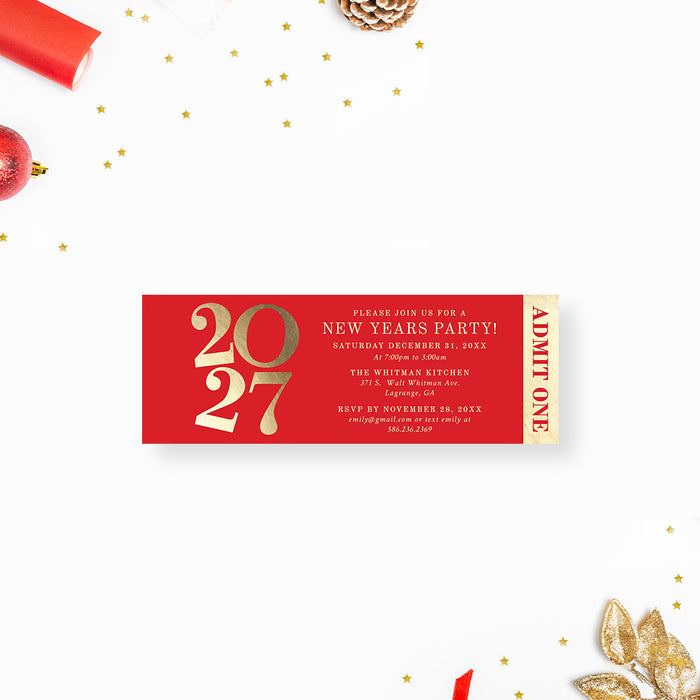Red and gold New Year's Eve party invitation with '2027' on a white background with festive decorations.