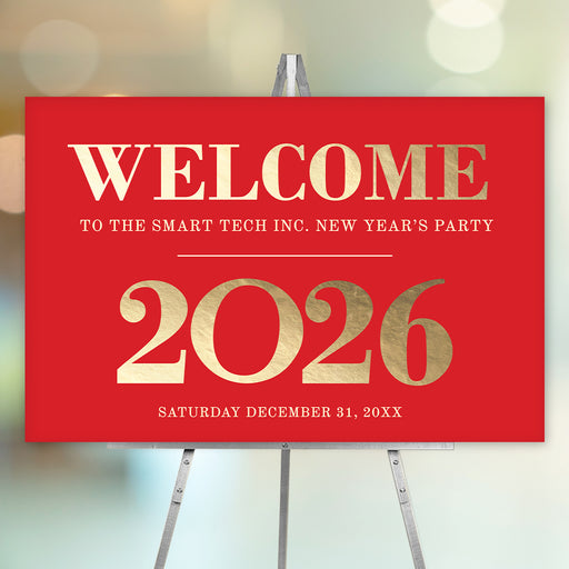 elegant 2026 new year welcome sign in red and gold design