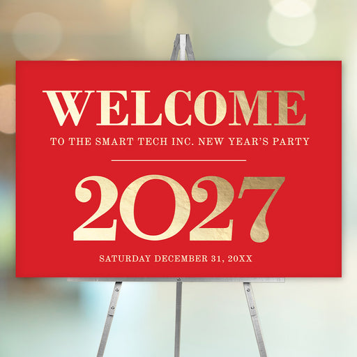 Red and gold welcome sign for New Year's Party 2027