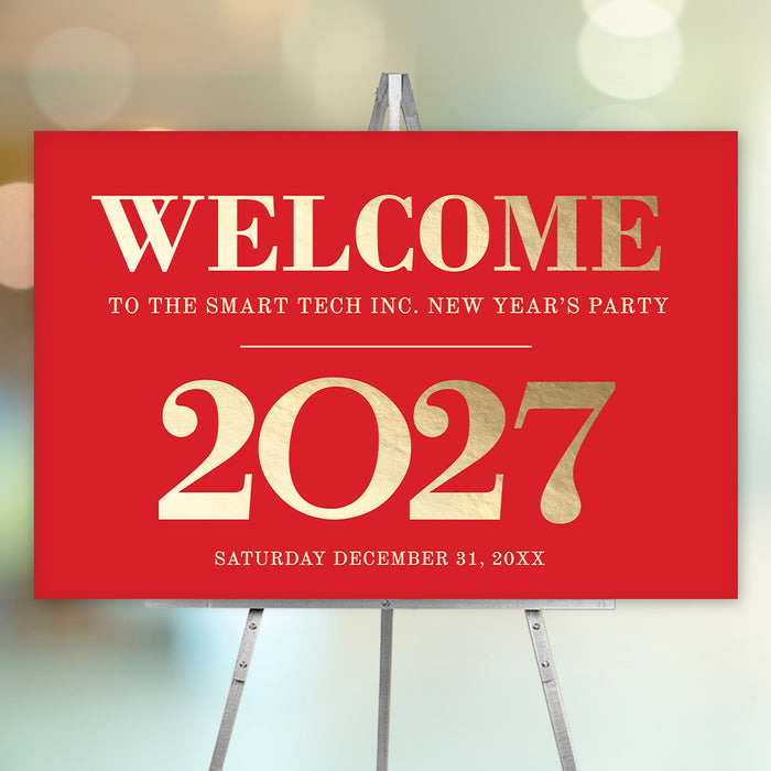 Red and gold welcome sign for New Year's Party 2027
