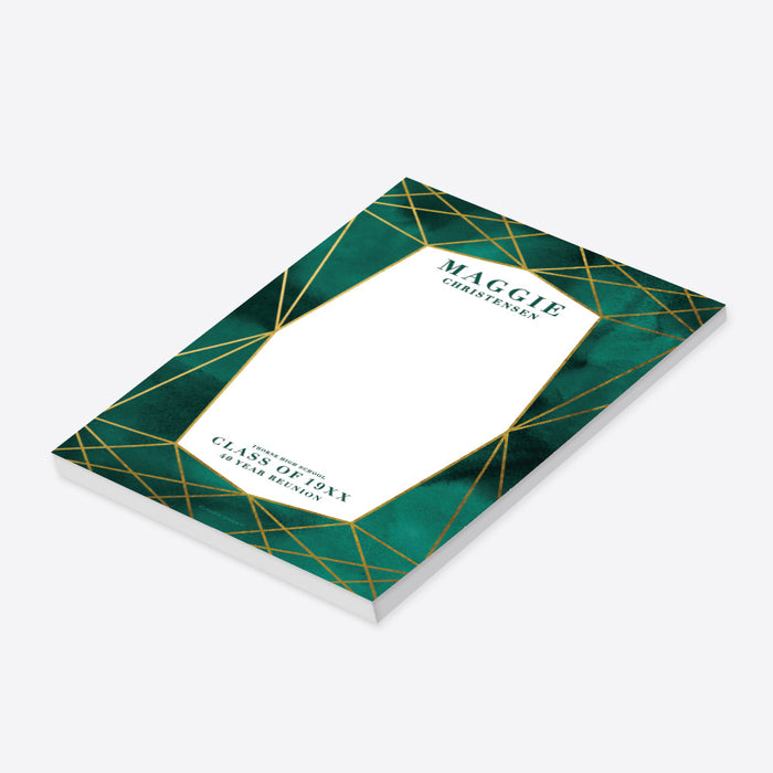 Elegant Notepad with Gold Jewel Geometric Lines, Personalized Emerald Green To Do List Notepad, Class Reunion Party Favor Notepad