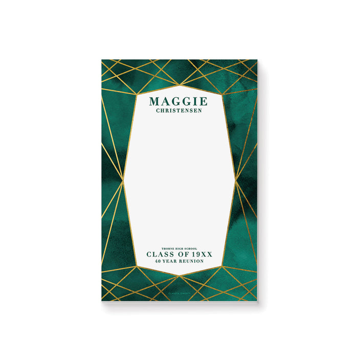 Elegant Notepad with Gold Jewel Geometric Lines, Personalized Emerald Green To Do List Notepad, Class Reunion Party Favor Notepad