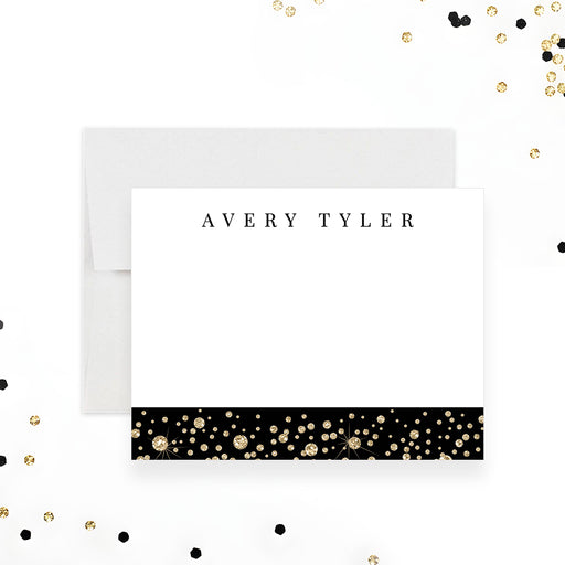 Black and gold personalized note cards with elegant confetti design for corporate stationery-front