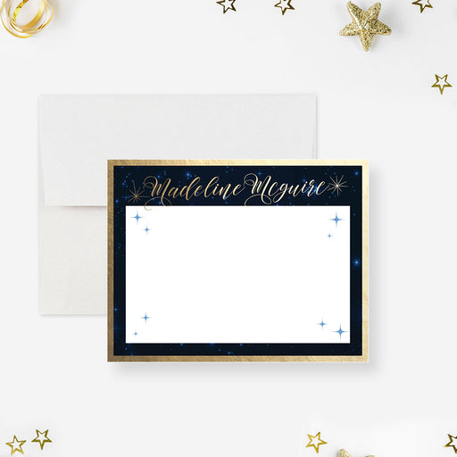 Celestial personalized notecard with starry night border and gold script name, ideal for thank you cards or special occasion notes.