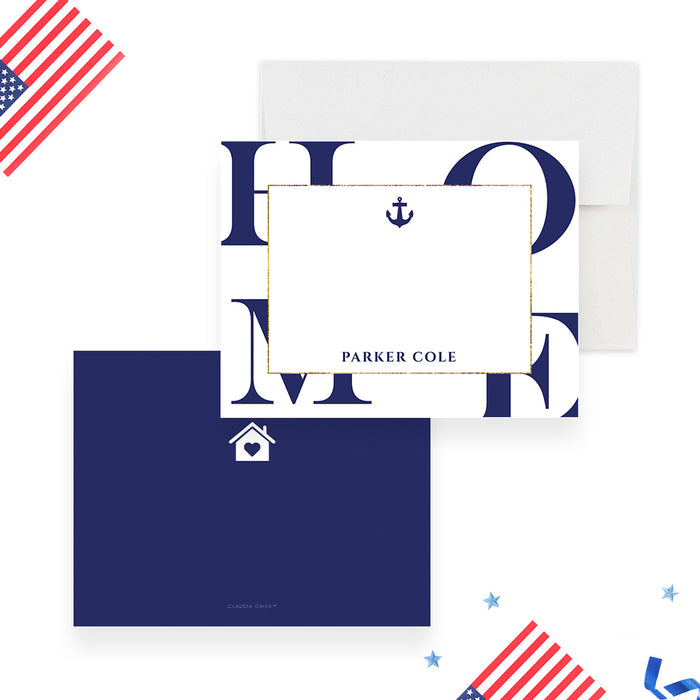 Navy Home Note Card with Anchor Design, Maritime Correspondence Card, Personalized US Navy Thank You Card