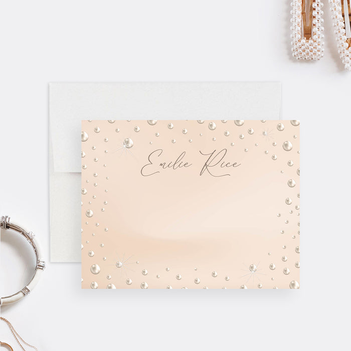 Personalized pearl thank you card with elegant blush background, pearl border design, custom name, and minimalist anniversary note card layout-front