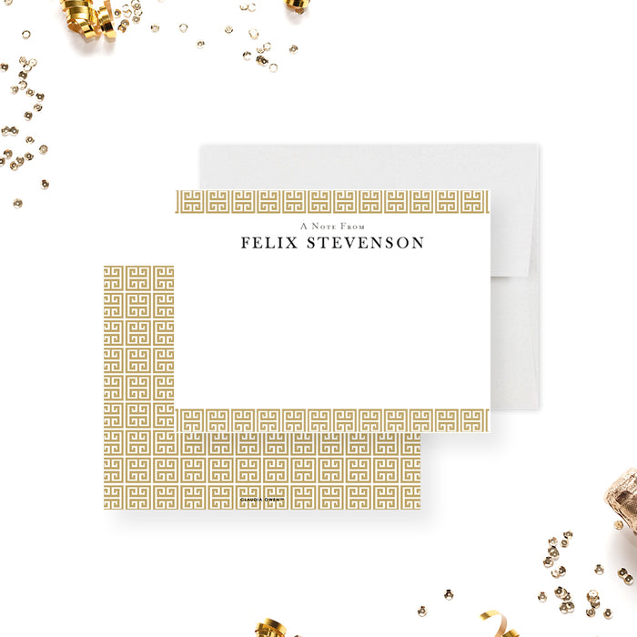 Personalized thank you card featuring a gold Greek key pattern, an ideal way to express gratitude and professionalism.-front-back