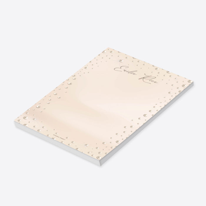 Personalized pearl notepad with custom name, elegant pearl border, soft blush background, and minimalist lined writing pad design-side