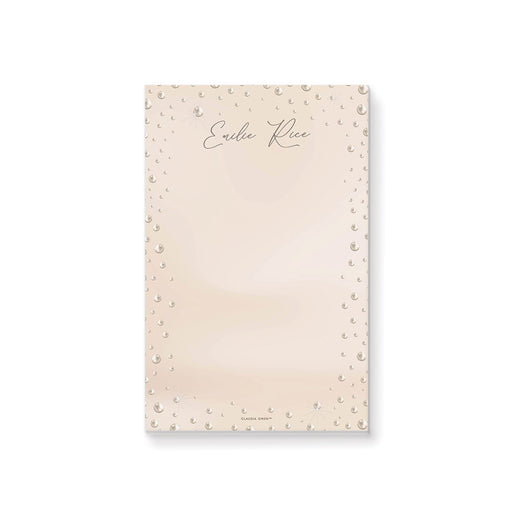 Personalized pearl notepad with custom name, elegant pearl border, soft blush background, and minimalist lined writing pad design.