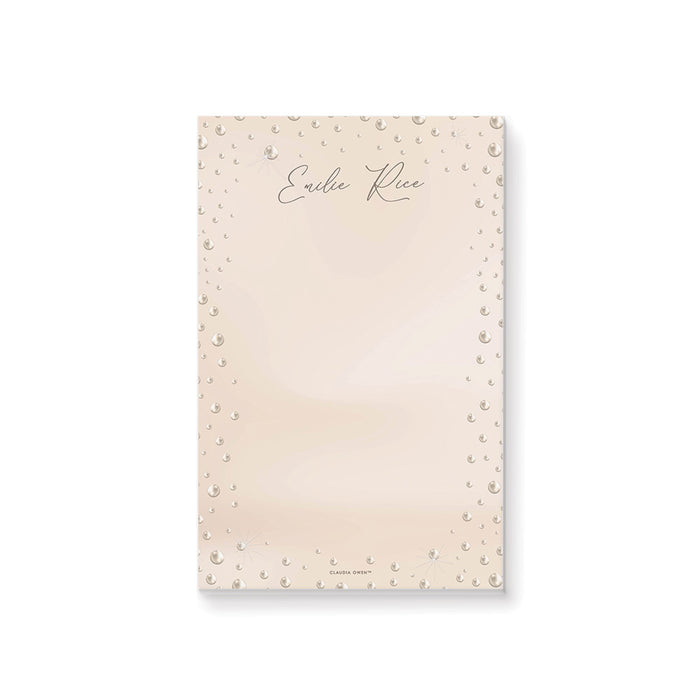 Personalized pearl notepad with custom name, elegant pearl border, soft blush background, and minimalist lined writing pad design.
