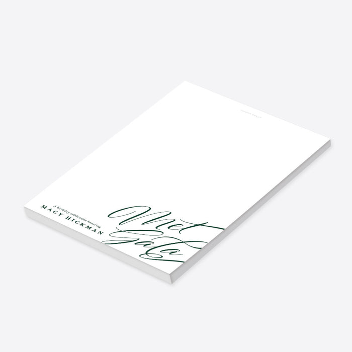 Green and Gold Met Gala Notepad, Elegant Birthday Party Favor, Personalized Birthday Notepad, Professional Writing Office Pad