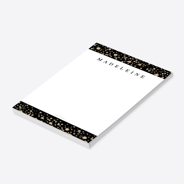 Black and gold personalized notepad with an elegant, professional design for corporate event favors-side