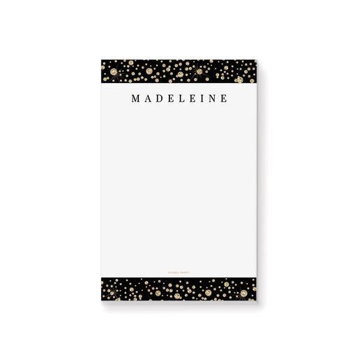 Black and gold personalized notepad with an elegant, professional design for corporate event favors