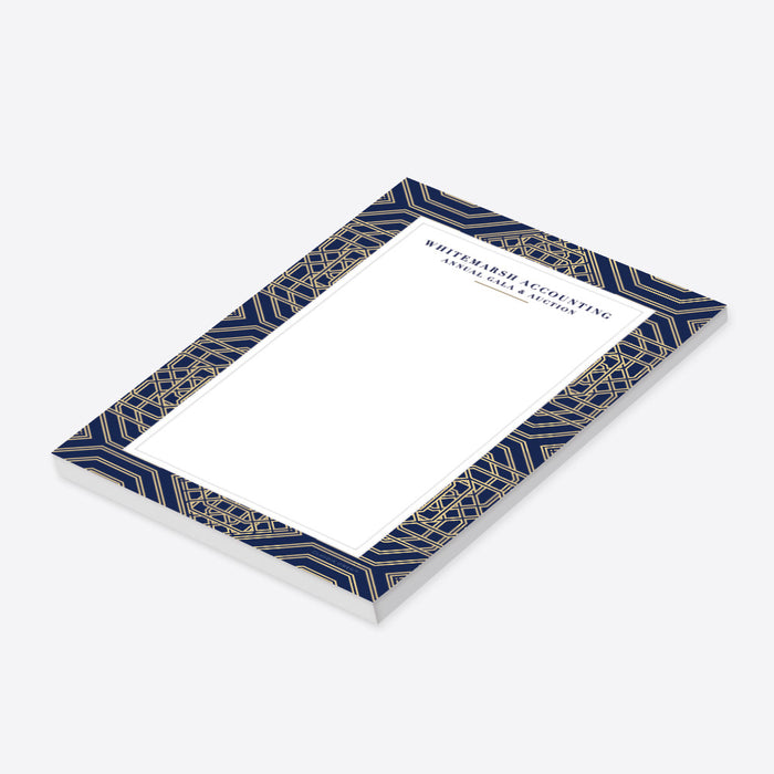 Personalized notepad featuring a navy and gold geometric design, perfect as an elegant professional stationery gift.-side